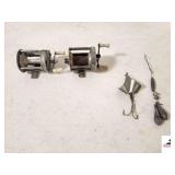 PFLUEGER TRADE NOBBY MARK  NO.1963 MADE IN USA CASTING REEL - OCEAN CITY 1970 CASTING REEL MADE IN PHILADELPHIA  USA - MISC. LEAD WEIGHTS - SPINNG GO DEVIL LURE - (LR CHINA CABINET)