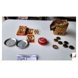 VINTAGE COLLECTION OF BOTTLE CAPS COCA COLA PLAYING CARDS-COCA COLA YOYO-6 COCA COLA ALUMINUM COASTERS(GARAGE)