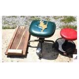 (3) SHOP STOOLS ROLLING SHOP STOOL WITH ADJUSTABLE RED SEAT - SLIGHT TEAR - OFFICE CHAIR SHOP STOOL - SEAT WORN - CREEPER - SHOWS WEAR - (SHED)