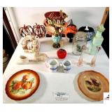 (2) TENNESSEE ARMY NATIONAL GUARD MUGS (2) PINK DEPRESSION VASES - S&P SHAKERS - PAINTED LID JAR - BLUE & GOLD VASE - FALL & HALLOWEEN DECOR - PORCELAIN SHOE, HORSE, & APPLE -  (2) PAINTED PLATES - (U