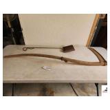 ANTIQUE SYTHE PRIMITIVE WORN HANDLE - IRON FIREPLACE SHOVEL - (SHED)