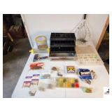 REBEL TACKLE BOX WITH FISHING GEAR WORMS - JIGS, EAGLE CLAW HOOKS - SWIVELS - STREN LINE - SPINNER - ZURI T7 12LB FLORAL CARBON LINE - COLLECTION OF HOOKS - CRICKET BASKET - SMALL NET (TRAILER)