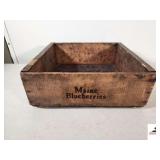 VINTAGE WOOD CRATE- MAINE BLUEBERRIES- SHOWS WEAR & DARK SPOTS - 16 1/2" X 15 1/2" - 6" TALL - (HOUSE)