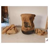 SALISBURY LINEMENTS PROTECTIVE DEVICES #30 BAG "SINCE1855" BURLAP BAG WITH ROPE HANDLE - LEATHER BOTTOM - 3 PIECES OF MODERN BURLAP INCLUDED - (GARAGE)