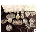 PRESSED GLASS COLLECTION SMALL PRESERVE STAND - CANDY DISH - BUTTON & DAISY TRAY - (4) PUNCH CUPS - (3) SAUCERS - BUTTON & DAISY TRAY & SUGAR - COVERED SUGAR BOWL - CANDLE STAND - BUD VASE - (3) VASES
