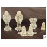 CRYSTAL CUT SALT & PEPER SHAKERS, TOOTHPICK HOLDER CRYSTAL MINIATURE SALT & PEPPER & TRAY & ANTIQUE MINIATURE SHAKER (CHINA CABINET)