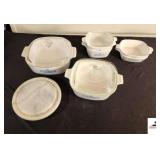 CORNING WARE 2 QT SERVING BOWL WITH LID - 1.5 QT BOWL - (2) BOWLS - (2) SMALLER BOWLS - MARBLE TRIVIT - (GARAGE)