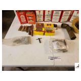 SPEAR BOAT TAIL BULLETS - #2022 BUFFALO BULLET CO. - .45CAL 285GRAIN - LED BALLS - ARMY STYLE FLASHLIGHT - SUPER X .38 SPECIAL COLECTOR BOX WITH BRASS - BLACK RIFLE POWDER - ASSORTMENT OF SPENT BRASS 
