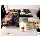 DECORATIVE PILLOWS MARY, JOSEPH, AND JESUS IN MANGER - CHRISTMAS TREE - TRACTORS - BEAR - RABBIT - SNOOPY - RABBIT SHOWS WEAR - (5) VINYL & LINED CHRISTMAS TABLECLOTHS (UPSTAIRS)