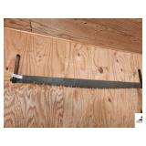 VINTAGE CROSS CUT SAW- WOOD HANDLES - 6 FT. GOOD TEETH (SOUTH WALL OF GARAGE)