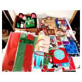 CHRISTMAS WRAPPING ITEMS ALL SIZES OF CHRISTMAS BAGS - TISSUE - RIBBON - NAME TAGS - GIFT CARD BOXES - HALLMARK CHRISTMAS CARDS - PAINTED BEAR & ANIMAL COASTERS - (2) CROCHET EGG COVERS (UPSTAIRS)