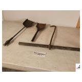 T METAL HOOK FORGE AND SHOP MADE - WROUGHT IRON HANDLE - STOVE HANDLE - (2) FIREPLACE SHOVELS - (GARAGE)