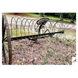 HORSE DRAWN HAY RAKE IRON WHEELS WITH METAL STAVES - DEERING SEAT CRACKED - SOME TEETH LOOSE - NO TONGUE (OUTSIDE)