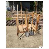 (2) VINTAGE GARDEN HOES POINTED AND TAPERED ENDS - DIGGING SHOVEL - SHORT HANDED FLAT SHOVEL - YARD RAKE - (GARAGE)