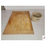 2 LB. BUTTER CROCK - VINTAGE WOOD CUTTING  BOARD 14" WIDE 20" LONG - (KITCHEN)