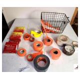 (2) 3M SCOTCH 130C LINERLESS RUBBER SPLICING TAPE (2) 3M SCOTCH 23 RUBBER SPLICING TAPE - ORANGE SURVEYING RUBBER TAPE - BLACK GORILLA TAPE - PLYMOUTH 11 PRINTED VINYL PIPEWRAP - WIRE BASKET - (SHOP)