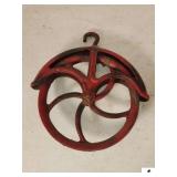 VINTAGE WELL PULLEY 10" DIAMETER - PAINTED RED - (GARAGE)