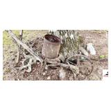 HORSE DRAWN GARDEN PLANTER FRONT IRON WHEEL - PLANTER BLADE - METAL BOX RUSTED - HANDLES ROTTED OFF - (OUTSIDE)