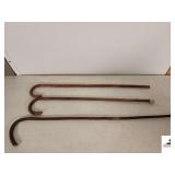 (3) VINTAGE WALKING STICKS - CANE STYLE SMALL TAPERED STICK  WITH CURVED HANDLE- HOME MADE BRANCH  (SW BR)