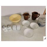 WHITE GLASS SALT & PEPPER SHAKERS - 2 SETS  - GIBSON CHINA BOWL - USA BROWN PITCHER, FLORAL DESIGN - STONEWARE STYLE PITCER - BUTTER CROCK WITH CHIP LID (CHIP LID)  - (3)  CORNOR HOCKING BOWLS - (NW B