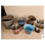 (6) BUCKETS - BUD LIGHT, CARS, MARVEL, ETC. - VINTAGE GALVANIZED BUCKET WITH LID & VAIL, VAIL HANDLE LOOSE - COOPER ANTIQUE SPITTOON, BOTTOM DAMAGED AND CRACKED - (SHED)