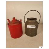 SMALL RED GAS CAN 1/2 GALLON INCLUDES METAL GALVANIZED STYLE VINTAGE BUCKET WITH WIDE TOP AND VAIL - (GARAGE)