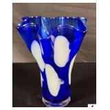 BLOWN GLASS COBALT & WHITE HANKERCHIEF VASE 8 1/4" OPALESENT - (HALL)