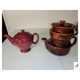 MICORMICK TEA PITCHER BALTIMORE MD. MADE IN USA - 2 PC. POTTERY SET - BEAN POT - 3 PC. SET OF POTTERY BROWN WEAR HEAVY SEIVE - MARKED USA - (2) TALL BALCK PEDESTAL COFFEE CUPS (UPSTAIRS)