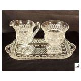 VINTAGE CRYSTAL GLASS SUGAR & CREAMER & TRAY THUMB PRINT PATTERN (IN HALL)