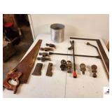 (4) HAMMER HEADS HATCHET HEAD - ROOFING HAMMER HEAD - HAND SAW (NEEDS CLEANING) - LARGE 4 WAY WRENCH - T SQUARE - TRAILER HITCH BALLS - (TRAILER)