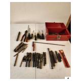 RED METAL TOOL BOX - SCREWDRIVERS - 13 LARGE BITS COLLECTION OF SMALL BITS - (TRAILER)