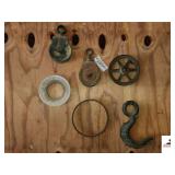 (2) VINTAGE STEEL FARM PULLEYS ROUND GRINDING WHEEL -  ROUND METAL HUB RING - BELT RING - CROSBY CHAIN HOOK - (GARAGE)