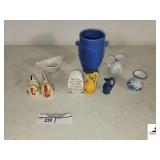JAPAN ROOSTER HEN SALT AND PEPPER SHAKER - CHINA CREAMER - SMIDT PORCELAIN VASE BLUE AND WHITE - CHINA PAINTED POEM - LITTLE WHITE, YELLOW, AND BLUE PITCHER - STONEWARE VASE WIH HANDLES - (SIDE BEDROO