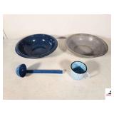 ENAMEL WARE BLUE BOWL GRAY BOWL - DIPPER - BLUE SPLATTER SWIRL TEA CUP (GARAGE)