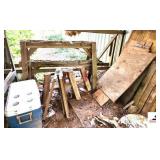 WOOD SAW HORSES - 2 AND HALF LARGE AND SMALL - USED - ASSORTMENT OF LUMBER - MISC. ITEMS ON PALLET - 2X4 PCS. - 76" WIDE X 37" DEEP - (IMP. SHED)