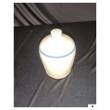 VINTAGE STONEWARE CHICKEN WATERS - WHITE W/ BLUE RING - 5" BASE - 8" TALL - OPEN BOTTOM - SMALL HOLE ON SIDE - (LR)
