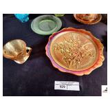 CARNIVAL MERIGOLD TRAY - CRACKED & BEEN REPAIRED AMBER BUTTER DISH, CREAMER, AND SUGAR - DEPRESSION GREEN PLATE - IRRIDECENT FLORAL GOLD SUGAR BOWL - GREEN CANDY DISH - NEEDS CLEANING - LUSTER GLASS P