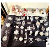 (50) CHRISTMAS ORNAMENTS GLASS & PLASTIC CLEAR AND COLORED - CHRISTMAS TREES - SNOWFLAKES - HEARTS - SNOWMEN - GRANDFATHER CLOCK - SANTA