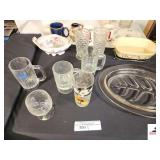 GLASS MEAT SERVING TRAY - GLASS MUGS - GLASSES - MICKEY MOUSE GLASS - SERVING BOWLS AND STAND - FLOWER VASE - #1 MOM & #1 DAD MUGS - GRAVY BOWL - ANGEL FIGURINE - MASON JAR - (UPSTAIRS)