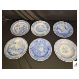 (6) 10" VICTORIAN PLATES - THE SPODE BLUE ROOM COLLECTION: "WILLOW" FIRST INTRODUCED CIRCA 1790, "ROME" FIRST INTRODUCED CIRCA 1811, "WOODMAN" FIRST INTRODUCED CIRCA 1816, "BOTANICAL" FIRST INTRODUCED