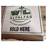 W L ALFALFAS SEED SIGN "BETTER SEED THROUGH RESEARCH SOLD HERE" - 30" TALL X 36" WIDE - (GARAGE)
