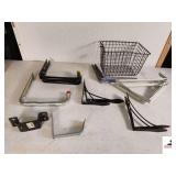 COLLECTION OF WALL BRACKETS WIRE BASKET - SPEED STAKE POCKET - 2 L SHAPED HANG OFF BRACKETS - SOME USED - (TRAILER)