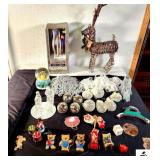 MUSICAL SNOWMAN GLOBE - WORKS - PRISM ORNAMENTS - SILVER AND WHITE BEAD GARLAND - HOUSEWARMERS HURRI-CANDLE CANDLES BY CORNING - WICKER REINDEER - WHITE & SILVER ORNAMENTS - GLASS MARY, JOSEPH, AND JE
