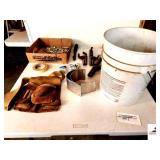 LEATHER NAIL APRON-WELDING ROD & DROP CORD- PARTIAL TUB OF SCREWS-DOORSTOPS-HEATLAMP-JUMPER CABLE CONNECTORS