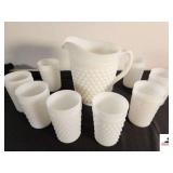 MILKGLASS HOBNAIL PITCHER & (8) GLASSES (GARAGE)