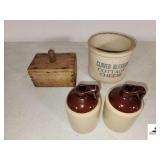 PRIMITIVE RECTANGLE BUTTER MOLD - CLOVER BLOSSOM COTTAGE CHEESE CROCK - (2) SMALL TWO TONE SYRUP JARS WITH HANDLES - (SIDE BEDROOM)