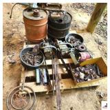 PALLET - CHAINSAWS - BOLTS - NAILS GRINDING BRUSHES - TWO DRUMS - USED TOOLS - STEEL AND COPPER YARD ORNAMENT - (IMP. SHED)
