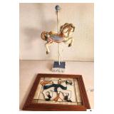 STAINED GLASS CAROUSEL HORSE FRAMED -  STUFFED CAROUSEL HORSE ON POLE - (GARAGE)