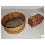 OLD BRENTWOOD SIEVE WOOD & WIRE FARMHOUSE SIFTER - SCREEN HAS HOLES - SQUARE BUTTERMOLD WITH FLOWER DRAWN ON IT - SHOWS WEAR - (NW BEDROOM)