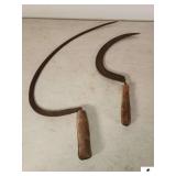 VINTAGE SICKLE SCYTHE HAND TOOL PRIMITIVE HANDLE IS SPLIT - LONG CURVE - SMALLER SCYTHE WITH HOMEMADE HANDLE - BOTH RUSTY - (GARAGE)